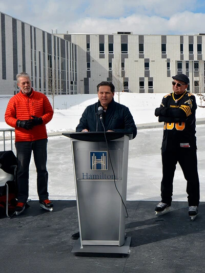 Fengate CEO, Lou speaking at Serafini Family Ice and Splash Pad